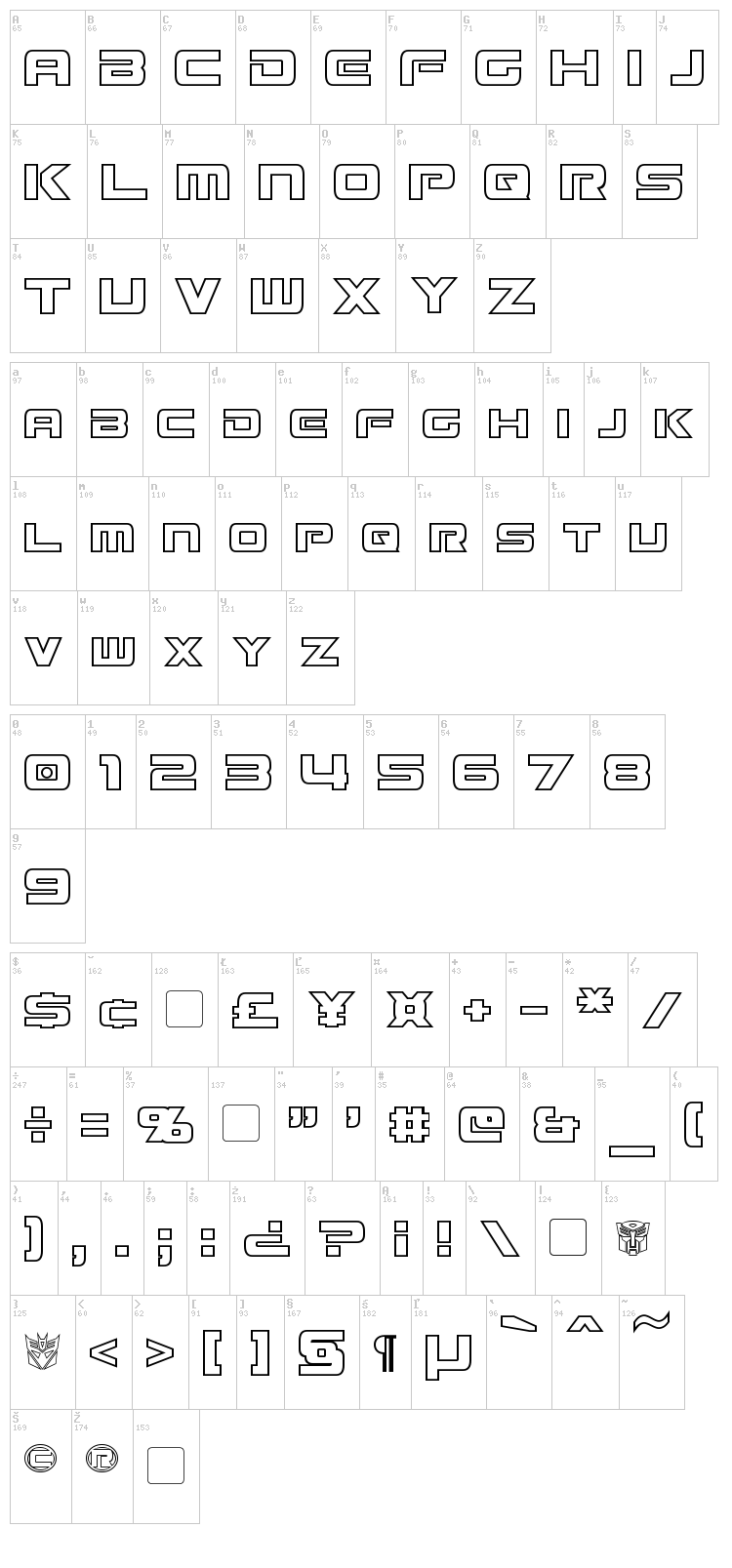 Mission GT-R font map